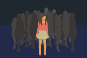 A cartoon girl is highlighted in a group of shadowed figures