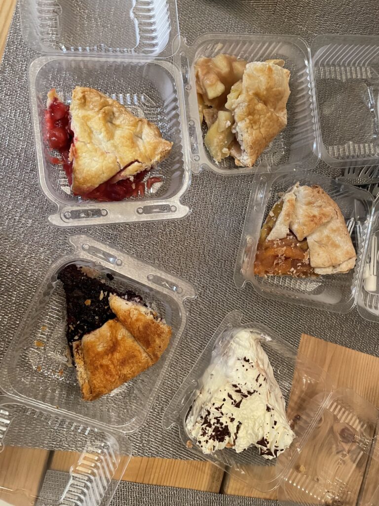 Photos of pie slices in plastic containers