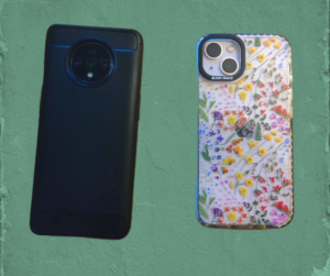 An iPhone and a Samsung against a green background