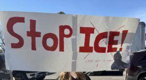 The image shows a protest poster that says "STOP ICE"